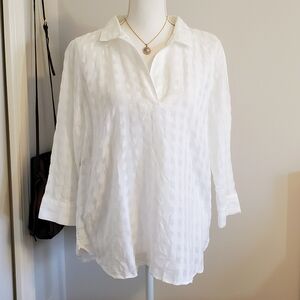 Ann Taylor Factory Cotton Windowpane Popover Blouse - White - Medium NWOT